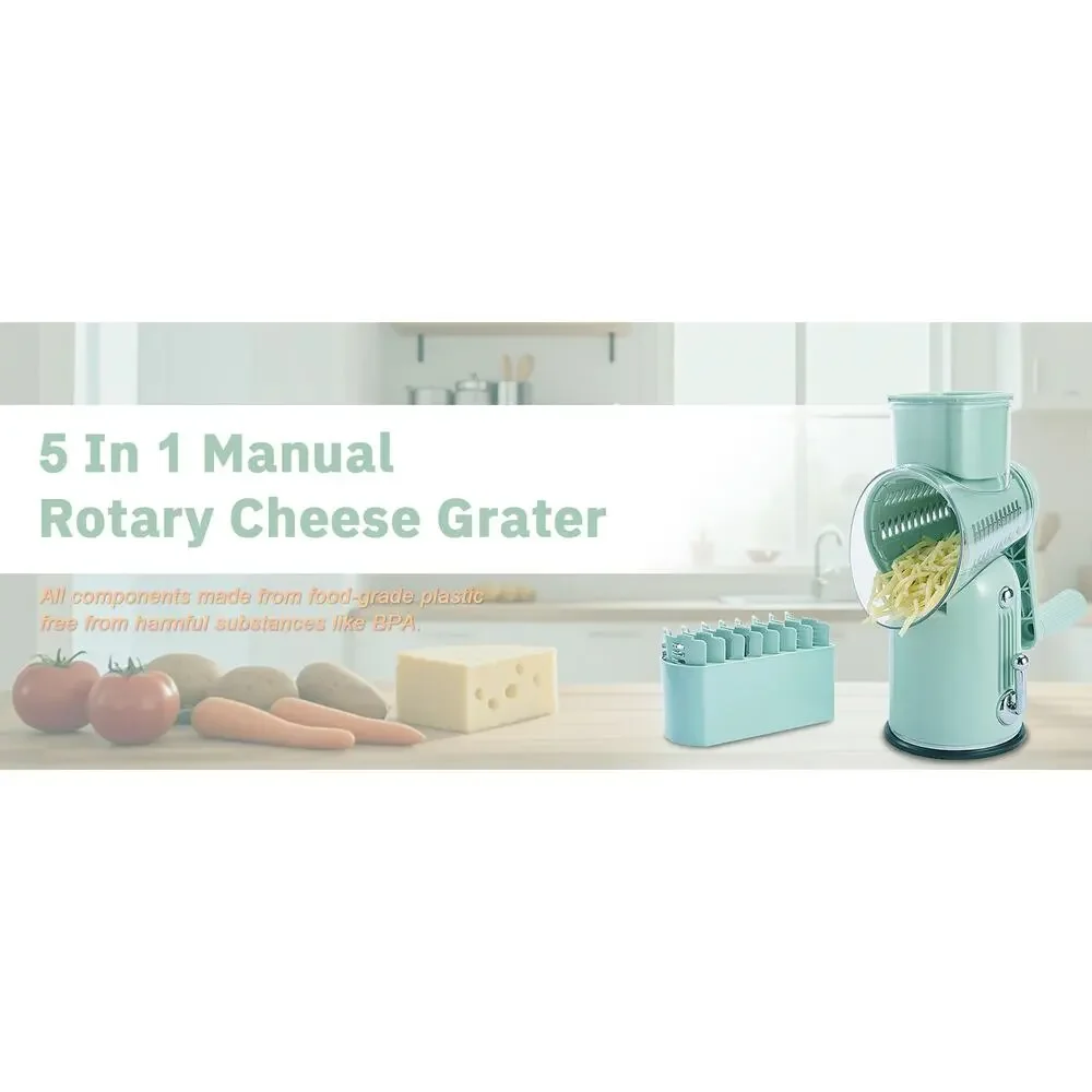 Manual Rotary Cheese Grater 5-in-1 with Suction Base Vegetable Slicer Green